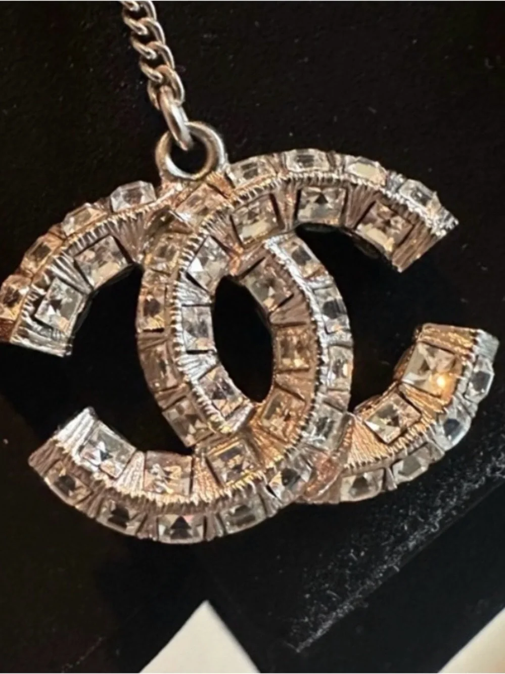 CHANEL Silver Crystal CC Dangle Earrings